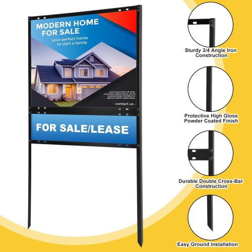 6 Pack Real Estate Yard Signs Metal H Frame with Rider Black Real Estate Sign Holder Steel H Frame Yard Stakes(18 x 24 Inch,1 Main, 1 Rider)
