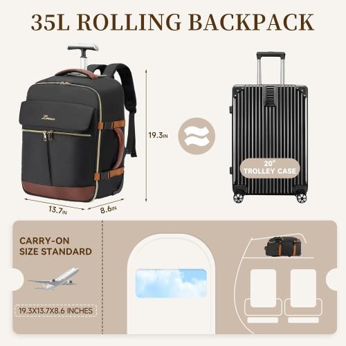 LOUEO Travel Rolling Backpack for Women with Wheels, 17 Inch Wheeled Carry on Luggage for Adults