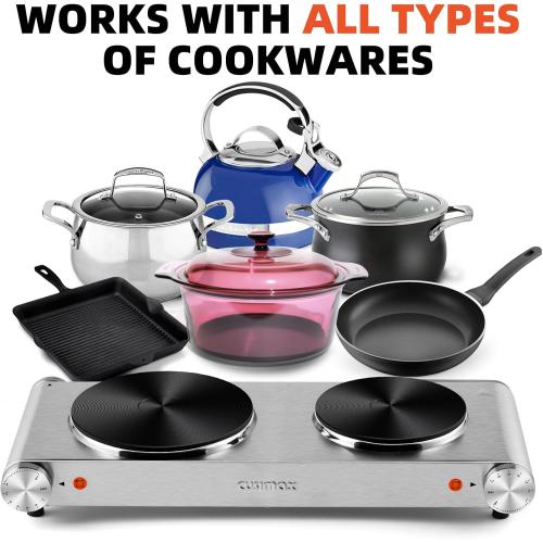 CUSIMAX Electric Hot Plate, 1800W Double Burner, Cast Iron Countertop Stove | Hot Plates for Cooking, Portable Countertop Cooktop, Works with All Cookware, Stainless Steel, Easy Cleanup,Upgraded Version