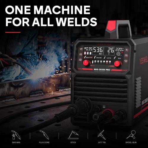 YESWELDER 205A MIG Welder, 110V/220V Dual Voltage, 5 in 1 Gas MIG/Flux Core MIG/Spool Gun MIG/Lift TIG/Stick Multiprocess LED Digital Display Aluminum MIG Welding Machine MIG-205DS PRO