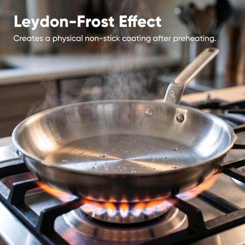 10 5-Ply Stainless Steel Frying Pan | dual aluminum core, uncoated surface, oven & broiler safe 800°F, induction ready, dishwasher safe, searing & family meals