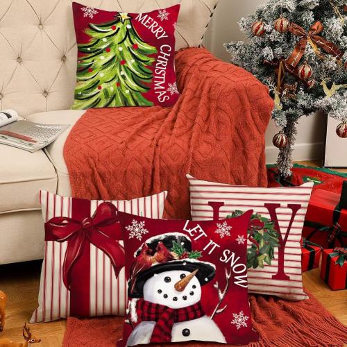 RABUSOFA Christmas Pillow Covers 18x18 Inch Set of 4 with 8 Design Double-Sided, Let It Snow Snowman Joy Stripes Gift Box Red Xmas Tree Winter Holiday Throw Cushion Case Decorations for Sofa Couch