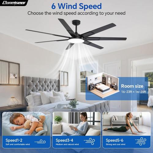 72 Inch Ceiling Fans with Lights and Remote, Living Room Office Library Cafe Industrial, Indoor/Outdoor Use, 5CCT Dimmable, Dual Color 7 Blades, 6 Speed Reversible Quiet DC Motor, Black/Wood Grain
