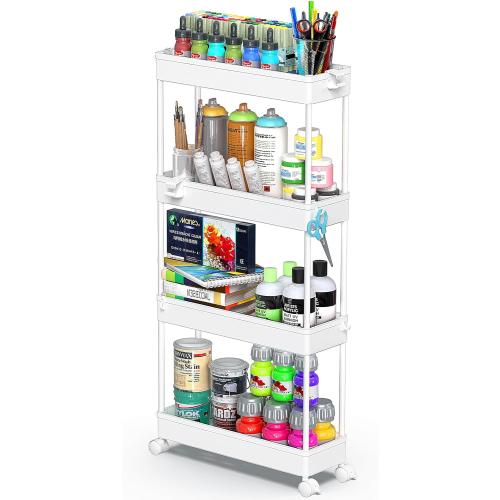 SPACEKEEPER Slim Rolling Storage Cart 4 Tier Bathroom Organizer Mobile Shelving Unit Utility Cart Tower Rack for Kitchen Laundry Narrow Places, White