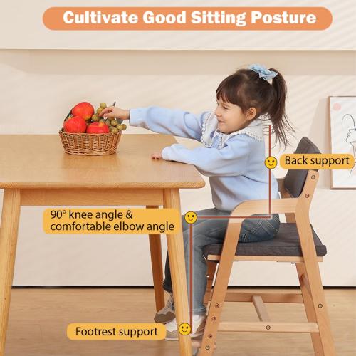 Swegrow Wooden High Chair with 2 Wheels, Adjustable Seat - Backrest - Footrest Heights, Wooden High Chair for Toddlers - Kids and Baby, Kids Dining Chair with Removable Cushion(Gray)