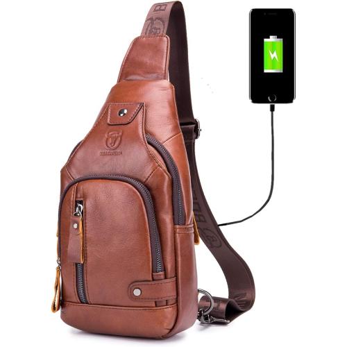 BULLCAPTAIN Genuine Leather Sling Bag with USB Charging Port Multi-pocket Chest Bag for Men Hiking Travel Daypack XB-129