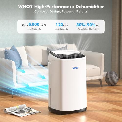 Size 120 pints Dehumidifier for Basement 6,000 Sq Ft, 120 Pints Max. Smart Compressor,Intelligent Humidistat, Smart App-Controlled with Darin Hose And App Control for Basement, Bathroom,Living room,Bedroom,Home