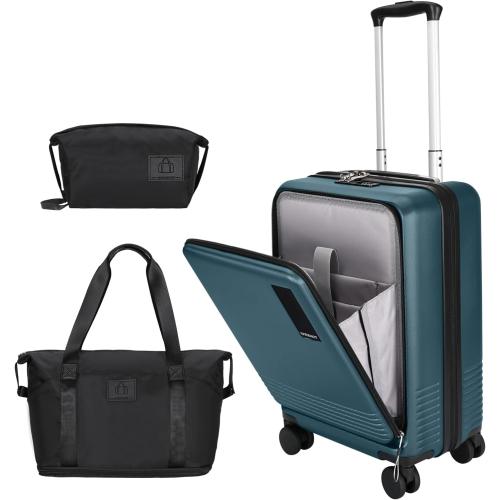 Teal Blue 20 inch Small Carry On Luggage Front Open with Laptop Pocket, ABS PC Hard Shell Suitcase with Spinner Wheels TSA Lock & YKK Zipper, 20in/Toiletry Bag/Handbag, Teal Blue