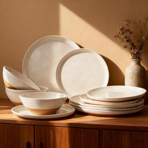 Sets of 12 FINE&NICE Melamine Dinnerware Sets of 12 Pcs, Unbreakable Plates and Bowls Set for 4, Dinner Dishes Set for for Patio, RV and Camping, Dishwasher Safe (White with Brown)