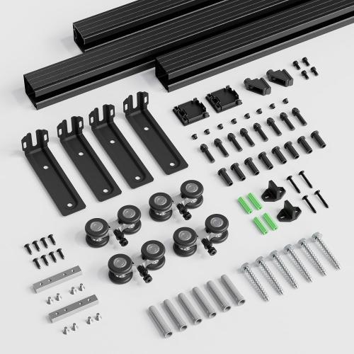 144/12FT Double Barn Door Hardware Kit Box Rail, Exterior Barn Door Hardware Kit Wall Mount, Heavy Duty Aluminium Alloy Track (No Panel)