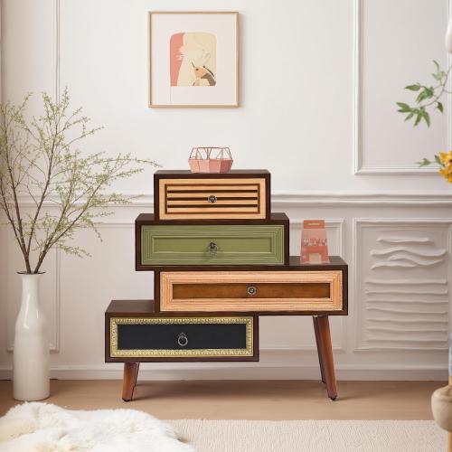 Ahokua Vintage Accent Chest with 4 Drawers, Asymmetrical Stacked Design, Multicolored Hand-Carved Decorative Rustic Cabinet for Living Room, Entryway