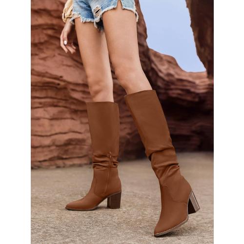 Size 7 Huiyuzhi Womens Pointed Toe Mid Chunky Heel Side Zipper Knee High Boots Tall Booties