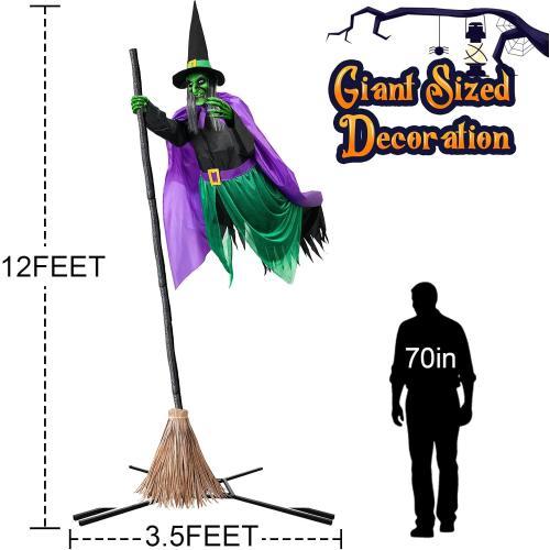 Size 12ft Halloween Decorations Outdoor - 12 Ft Animated Hovering Witch Animatronics Prop with Sound & Touch Activated Sensor - Spooky Scary Decor for Home Outside Garden Yard Lawn