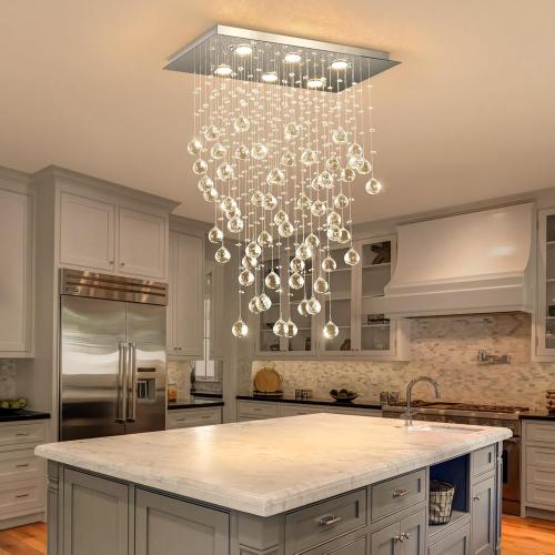 Glam Crystal Chandelier with Bulb Rain Drop Pendants Ceiling Light LED Lighting Rectangular Dining Room Light Fixture for Kitchen Island Dimmable LED Light