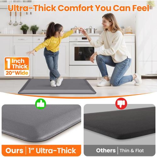 1-Inch Thick Anti-Fatigue Mat for Kitchen and Standing Desk, 20x39, Grey | Extra-thick cushioning, water-resistant surface, stain-resistant, easy to clean, non-slip bottom, kitchen floor, office