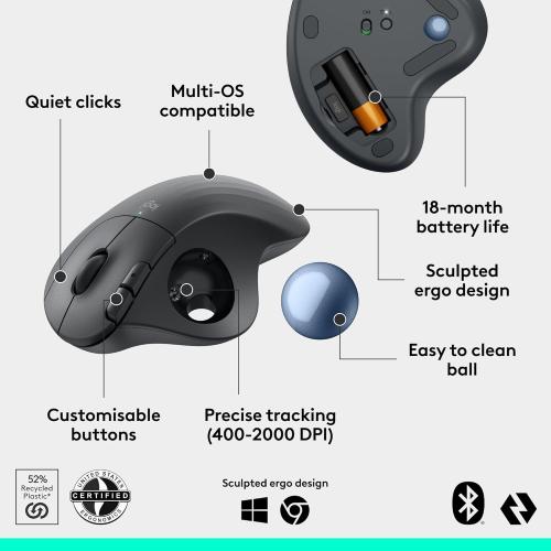 Logitech Ergo M575S Wireless Trackball Mouse, Wireless Ergonomic Mouse with Bluetooth and Encrypted Dongle, Comfortable Thumb Control, Precise and Smooth Tracking, for PC/Mac - Graphite Blue Ball