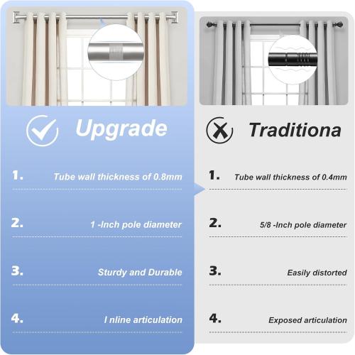 Nickel Wrap Around Curtain Rods:Blackout Heavy Duty Adjustable Window Curtain Rod Room Darkening,1Inch Modern Decorative Curved French Metal Single Drapery Rod Easy Install,Satin Nickel 48-90