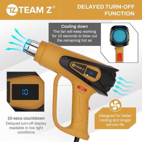 TEAM Z 1800W Premium Heat Gun kit 140°F~1202°F - Heavy Duty Heat Shrink Gun with Single Handed Operation, LCD Display Hot Air Gun with Case, Overload Protection with 6 Nozzles for Crafts