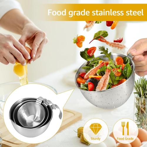 Stainless Steel Mixing Bowl, 3 Sizes Nesting Bowl with Handle & Capacity Scale, Stackable Mixing Bowls, Nesting Whisking Bowl Set, Kitchen Food Storage Organizer for Cooking Baking Salad Prep