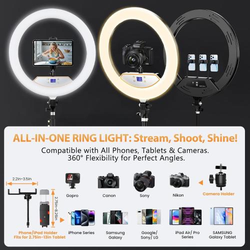 22'' Ring Light with 75'' Tripod Stand, LED Display/2 USB Ports/6500K Dimmable Ring Light for ipad Phone Holder for Tattoo Lash Live Makeup Video Recording TikTok Barber Stylist Photography