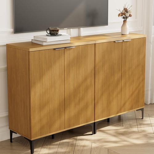 Fluted Sideboard Buffet Cabinet, 2 Doors Side Board Storage Cabinet, Buffet Cabinet with Line Groove Design,Side Board with Metal Legs and Handle, Buffet for Entryway, Natural Wood