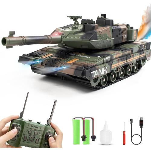 RC Tank that Shoots for Kids - 2.4Ghz Remote Control Army Tank Toys with Auto Demo Sound Light Smoke - 13 Channel Military Vehicles Model Gift for Adults Boys Age 6-8 9-12, Army Green