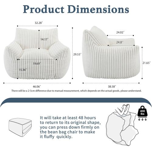Giant Plush Bean Bag Chair for Adults with Armrests - Oversized Comfy Beige Beanbag Lounge Lazy Floor Sofa Accent Chair for Living Room, Bedroom & Dorm, Cozy Fluffy Single Cloud Mini Couch