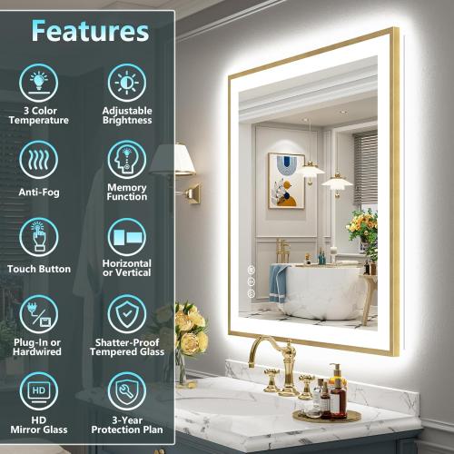 28x36 Gold LED Bathroom Mirror with Lights, Brushed Gold Framed Backlit and Front Lit Anti-Fog Lighted Vanity Mirrors for Bathroom Wall, Dimmable, 3 Colors, Memory, HD Tempered Glass, CRI＞90