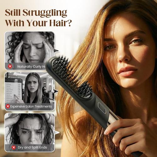 2026 New Go Brush, Portable Hair Straightener Brush for Short Hair, Fast Heating Cordless Straightening Hair Comb for Travel, Mini Hair Brushs for Home Use (Black)