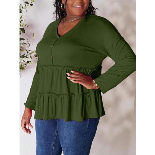 SIZE. XL.   Women's Casual Blouse Ruffle Layered Half Button Blouse Top Charcoal Lightweight Knit Fabric Long Sleeve Button-Front
