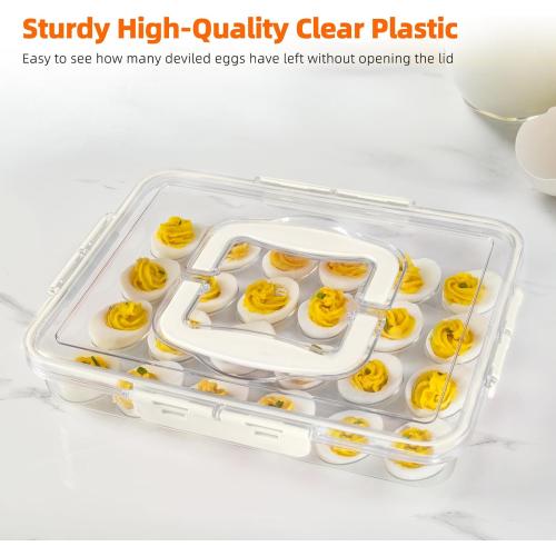 2 Pack Deviled Egg Containers with Lid and Handle, Durable Clear Plastic Deviled Egg Carrier Storage 48 Eggs, Stackable Egg Holder for Fridge, Portable Tray Platter for Party & Picnics-White