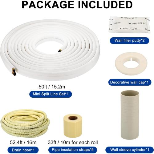 PATIKIL 50 Ft Mini Split Line Set, 1/4 & 3/8 OD Air Conditioner Copper Tubing Pipes Extension Set with Nuts Thickened PE Insulated for Mini Split Air Conditioner HVAC or Heat Pump System