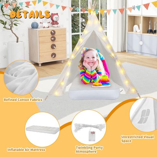 White 4 Pack Teepee Tent for Kids [Thickened] with Light String and Inflatable Airbed, Slumber Party Tents, Sleepover Tents Party for Girls Boys Indoor Outdoor (White)
