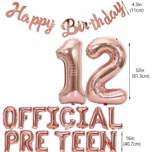 12th Birthday Decorations for Girls, Official Pre-Teen 12th Birthday Balloon 12th Birthday Banner Number 12 Foil Balloons for Her 12 Years Old Birthday Daughter Supplies Girls(12th Rose gold)