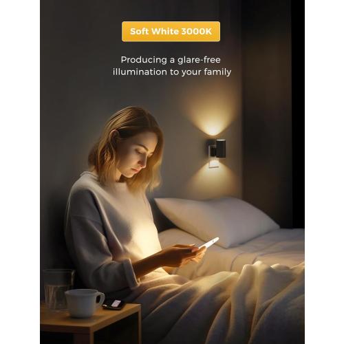 Black 2 Pack L LOHAS LED Night Light Plug in, Modern Night Lights Plug into Wall, Dusk to Dawn Sensor, Soft White 3000K, 0-100LM Adjustable Brightness, Dimmable Night Lights for Hallway Bedroom Stairway, 2 Pack