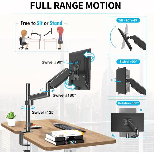 MOUNTUP Monitor Arm, Full Motion Gas Spring Single Monitor Stand, Height Adjustable Desk Mount with C Clamp/Grommet Base, VESA Mount Fits 17 to 32 Inch LCD Screens