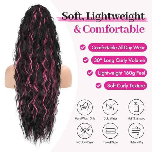 Black Hot Pink Curly Synthetic Drawstring Ponytail Extension | Lightweight 160g Natural Looking Heat Resistant Wavy Hairpieces for Women Daily Use Party 30 Inch Black Hot Pink Highlights