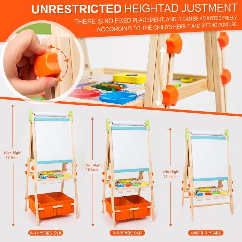 Kids Easel Including 100  Accessories, Rundad Double Sided Wooden Easel for Kids Age 3-8 with Magnetic Chalkboard & Painting Board, Free Height Adjustable Art Easel Supplies for Toddlers