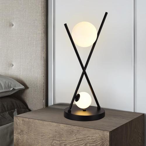 Modern Black X-Shaped Table Lamp 2-Lights Globe Glass Beside Lamp Nordic Metal 3 Color Temperatures Desk Lamp for Bedroom Living Room Study Office Corner