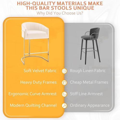 Set of 2 Size 27 Color beige and gold Counter Height Bar Stools Set of 2, Modern 27 H Barrel Counter Stools with Shell Back, Gold Velvet Bar Stools for Kitchen Island, Comfortable Velvet Upholstered Bar Stools with Backrest, Beige