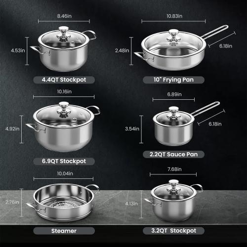 Stainless Steel Pots and Pans Set Non-Toxic, 11 Pieces Kitchen Induction Cookware Set with Steamer, Frying Pans, Saucepan and Stockpots, Compatible with All Stovetops, Silver