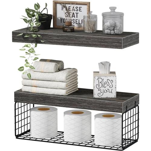 QEEIG Bathroom Shelves Over Toilet - Wall Mounted Floating Shelves Toilet Paper Storage Small Farmhouse Decor Shelf 16 inch Set of 2, Grey (019-GY2)