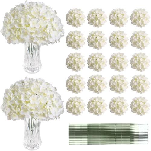 White Hydrangea Artificial Flowers Bulk, 20Pcs Silk Flower Heads with Stems