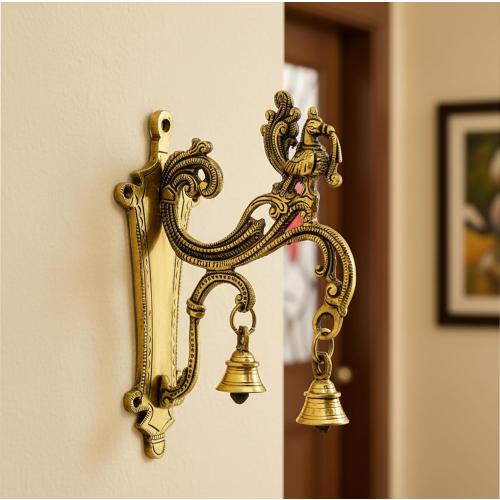 eSplanade Brass Wall Bracket Wall Hanger for Hanging Diya Lamp | Wall Decor | Peacock with Bells - 8.5 Inches
