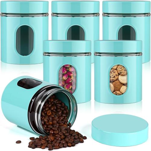 6 Pack Kitchen Canisters Set 20 oz Airtight Stainless Steel Canister Food Storage Container with Window Glass, Coffee Sugar Candy Jars Tea Organizer for Flour Cookies Spices Grains Kitchen(Turquoise)