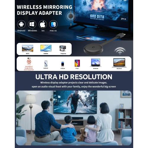 Wireless HDMI Display Dongle Adapter, 1080P/2.4G 5.8G, One-Click Mirroring Stream Video/Audio for Phone, i-Pad, Android, Windows/Laptop to HDTV/Projector/Monitor, Support Airplay/DLNA Miracast
