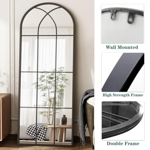 Arched Full Length Mirror 56x22, Black Windowpane Arched-Top Mirror, Metal Wall Mounted or Leaning Mirrors for Bedroom, Living Room, Entryway ‼️this is more of a wall hanging mirror it is not as long as pictured‼️
