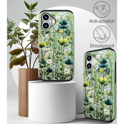 Size iPhone 16 Color Green Compatible for iPhone 16 Plus Case Cute with Card Holder Shockproof Slim Slot Phone Wallet Cover for Women/Green Leaves Botanical Flower Plants Tropical