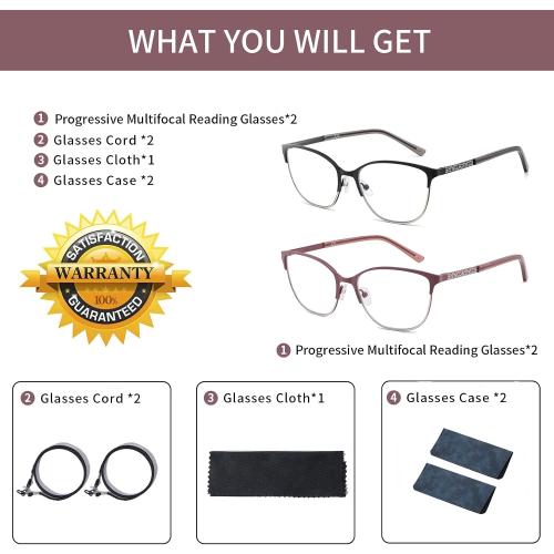 Progressive Multifocal Reading Glasses Women Cat Eye No Line Multifocus Transition Blue Light Reader Lady Metal Frame