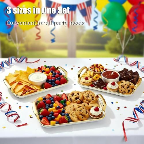 JEESA 3-Pack Serving Tray with Handles, Platters for Serving Food Turkey Cookie Appetizer Snack, Reusable Plastic, Stackable, for Holiday, Party, White